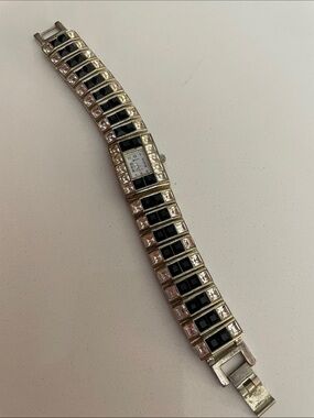 Geneva Platinum Vintage Silver Bracelet Watch with Black Accents